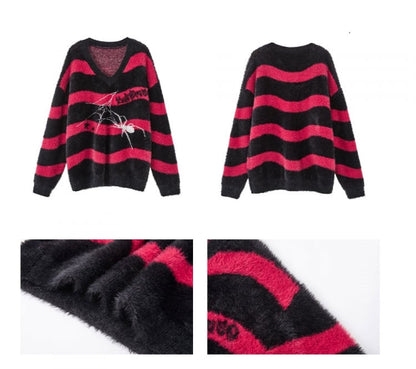 Black and Red Striped V-neck Punk Spider Sweater