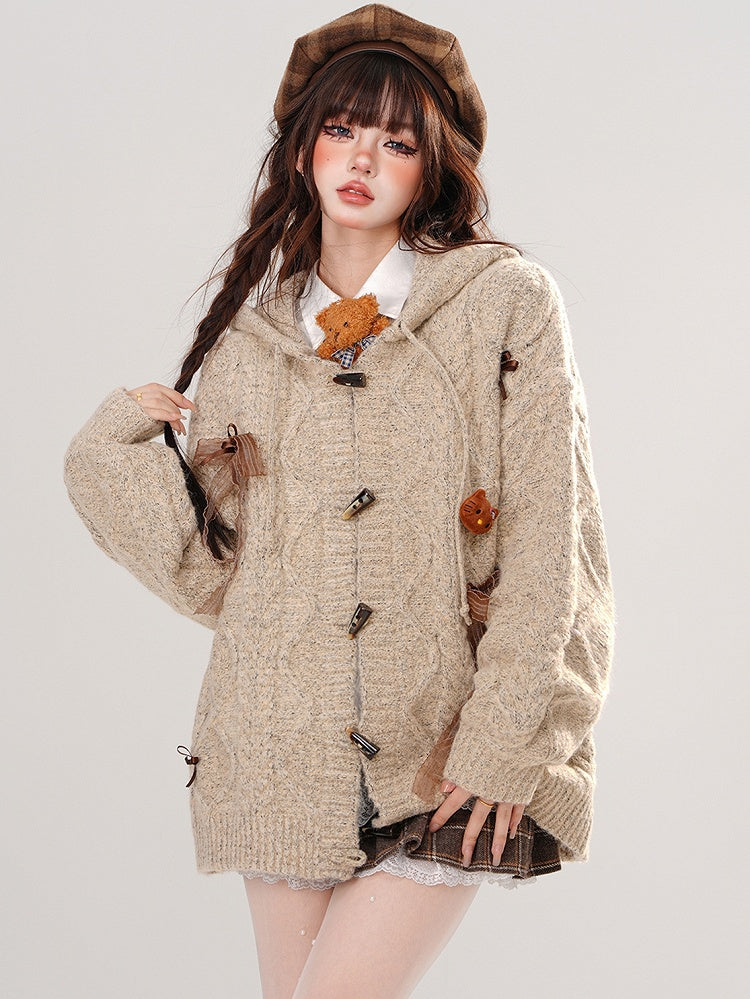 Khaki Bow Accents Hooded Loose Cardigan