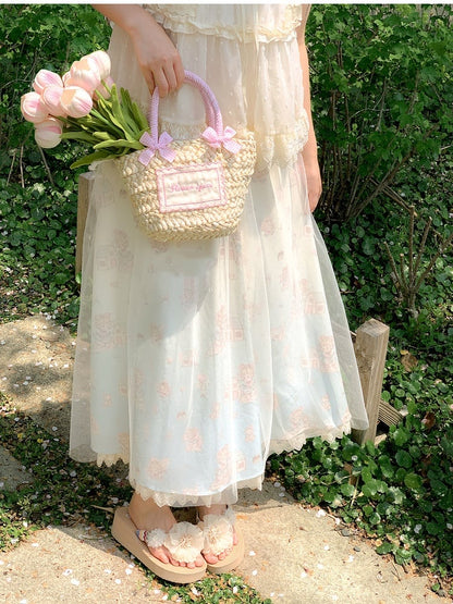 with Overlay Mesh Beige Elastic Waist Cute Cartoon Print Skirt