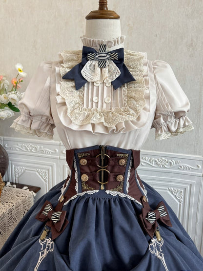 Apricot Ruffle Neckline Shirt + Brown Corset Belt + Blue Skirt Steampunk Lolita Set