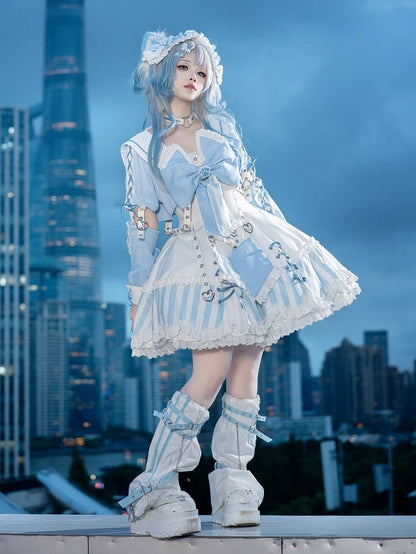 Kitty Light Bow Kaiwai Set Blue JSK Dress Cropped Tenshi Lolita Sailor Striped Big Top Pattern Ears + - Collar