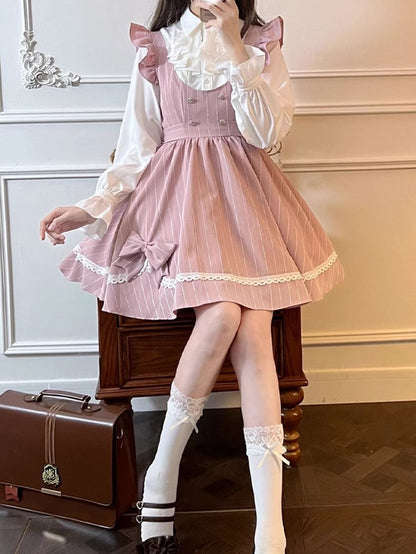 Pink Sweet Bowknot Lace Scoop Neckline Above Knee Striped Dress