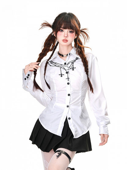 Back at White/Blue with Lace-up Detail Cross Chain Print Shirt