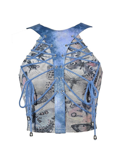 Grunge Punk Rock Fairycore Blue Butterflies Mesh Patchwork Halter Neck Top Lace-up Detail