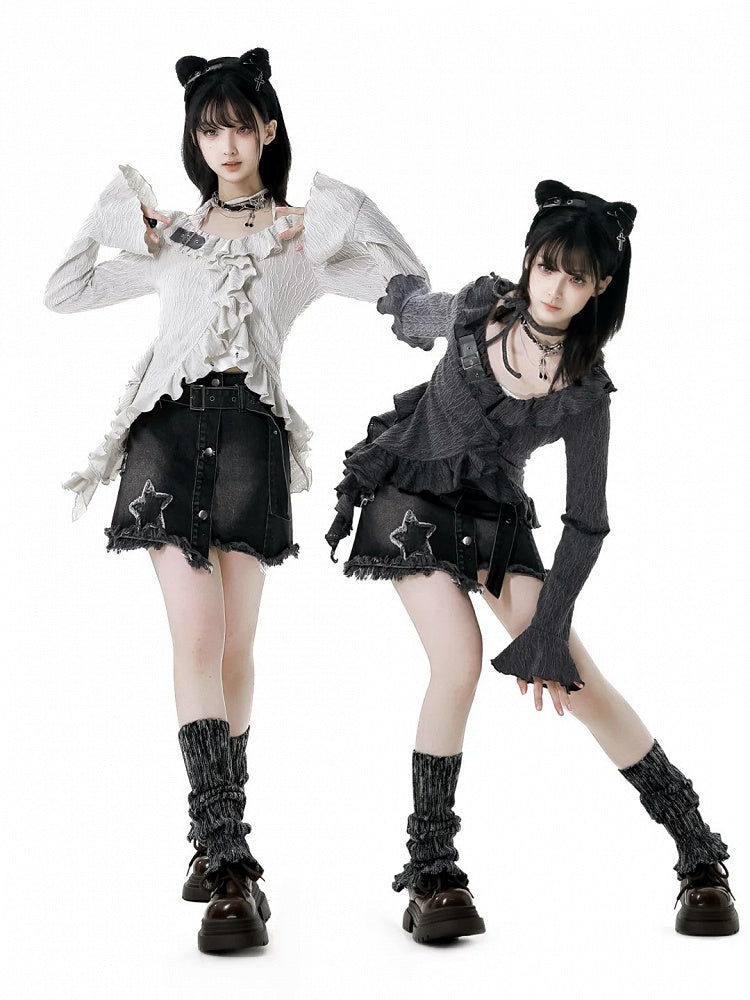 Y2K Black Star Appliques Raw Hem Denim Skirt with Buckle Belt