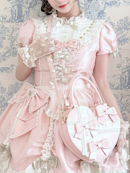 Bag Abstract PU Bow Leather with Heart - Hand Sweet Linear Accents Cross Pink Lolita Design