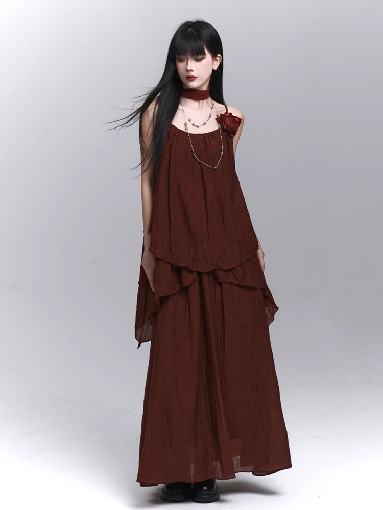 with Scarf Embellished Wine Red Floral / Cami Top