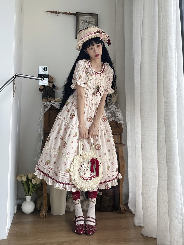 Strawberry Print Pink House Beige Short Sleeves Lolita Dress