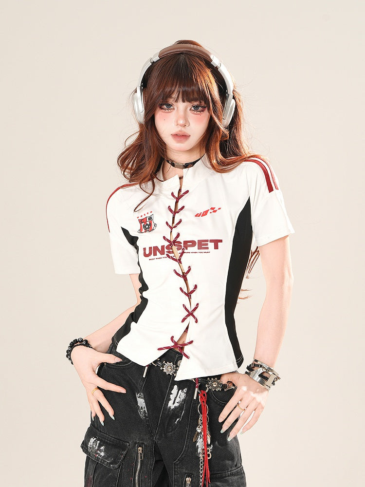 White Lace-up Front Slim-Fit T-Shirt
