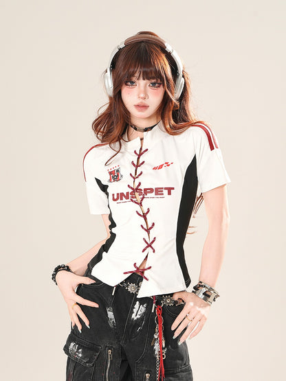 White Lace-up Front Slim-Fit T-Shirt