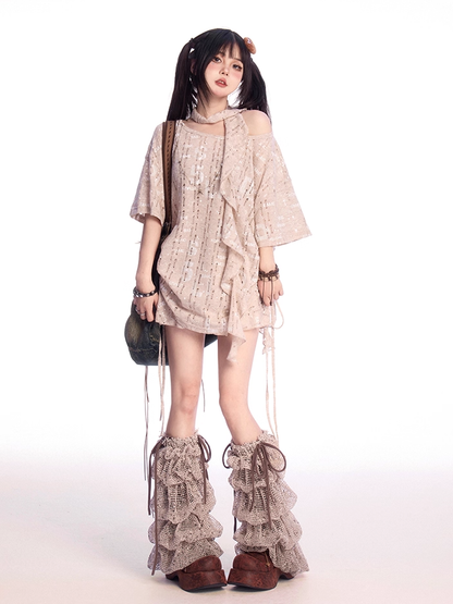 T-shirt with Holes Free Khaki Asymmetrical Neckline Letter Print Distressed Scarf