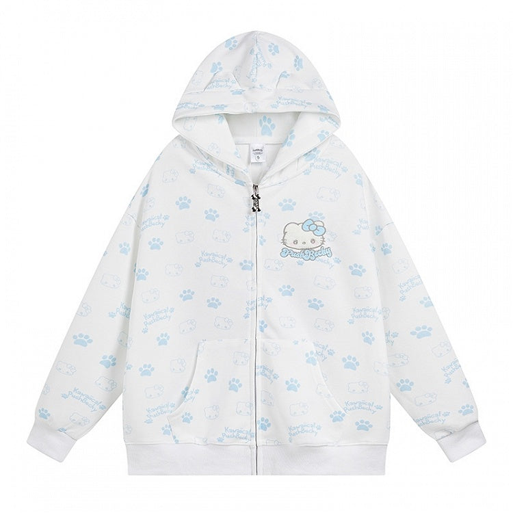 Black/Pink/Light Blue Kitties Allover Print Zip Hoodie