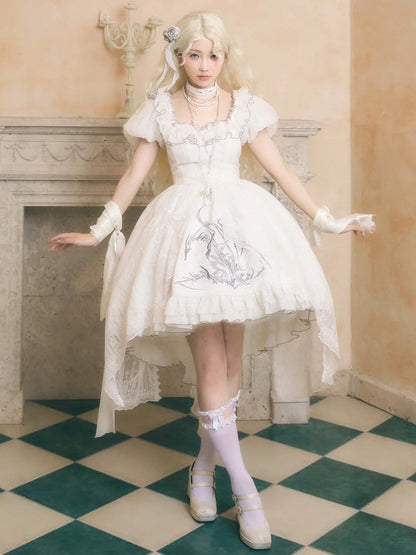 Robe jupe haute-basse blanche brodée d'os de dragon Shiro avec superposition de broderie cathédrale