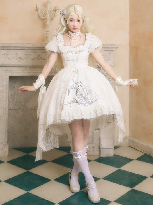 Robe jupe haute-basse blanche brodée d'os de dragon Shiro avec superposition de broderie cathédrale