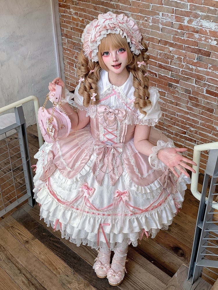 Bows Dress Chain White Sweet Lolita + Pink Bead Decorated and