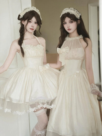 Baskenkleid Neckholder Sommer Beige Kurzer Hals Selbstbinden Stäbchen Taille