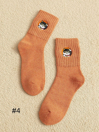 Cute Kitty Embroidered Calf Socks