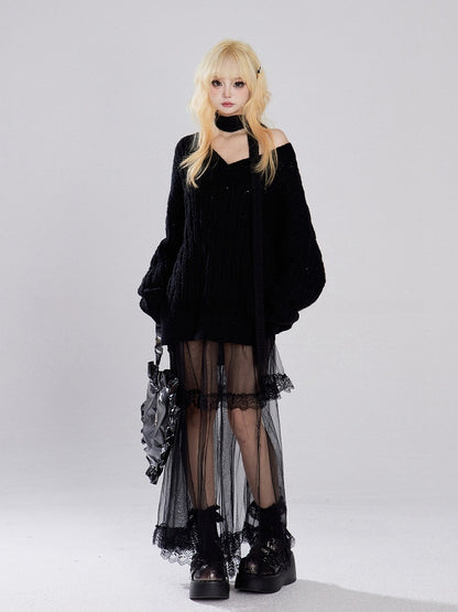 Apricot/Black V-neck Hollow-out Knitted Sweater