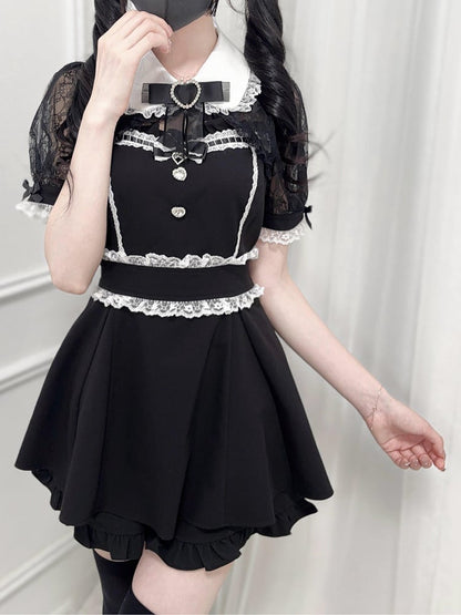 Rhinestone -Shirt Set Sweetheart Black Bowtie Decoration Shawl Kei Jirai Top Collar + Lace Shorts