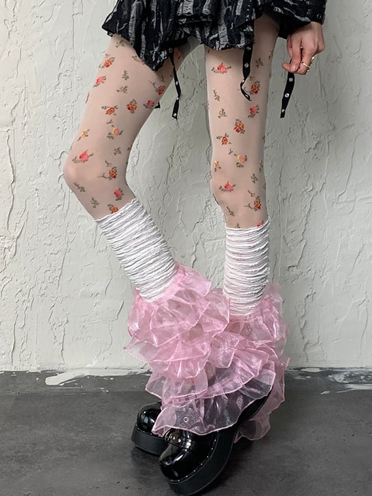 Lace Sleeves Multi-layered Trim Y2K WhitePink Leg