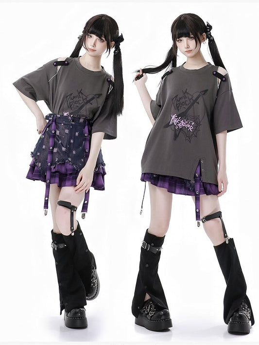 Purple Y2K Dye Denim Skirt Tie Plaid Hem Distressed Holes