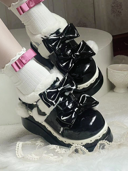 Lolita Black Cute Heart Bowknot Platform Shoes With Pompons