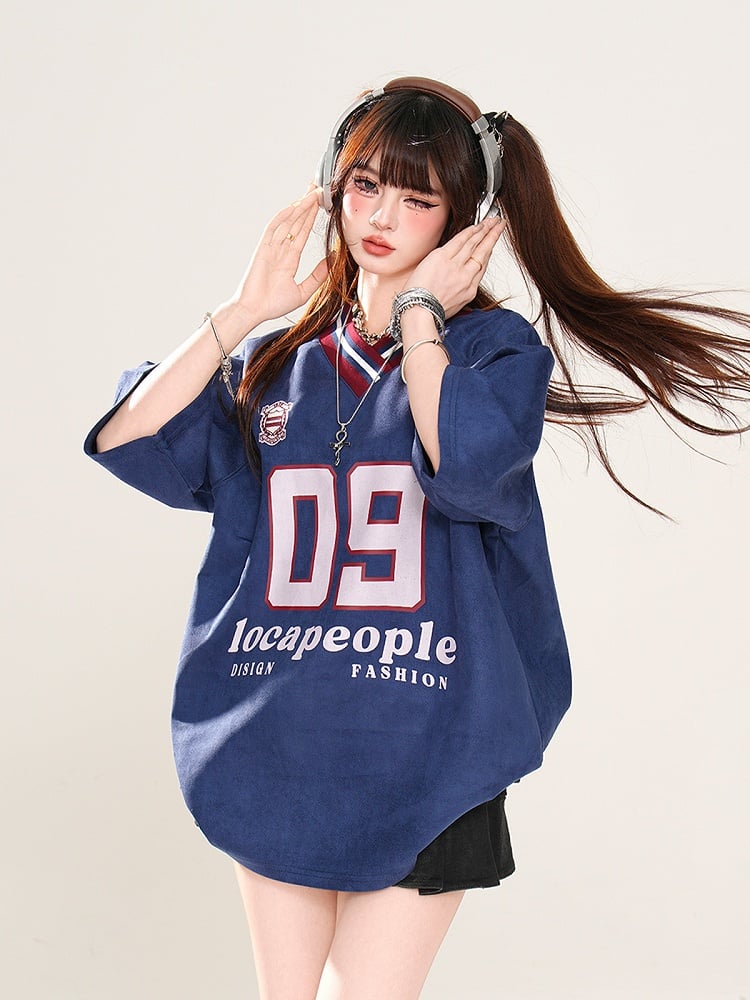 Loose T-Shirt Print Sports Khaki/Navy Blue Preppy Style V-Neck Number