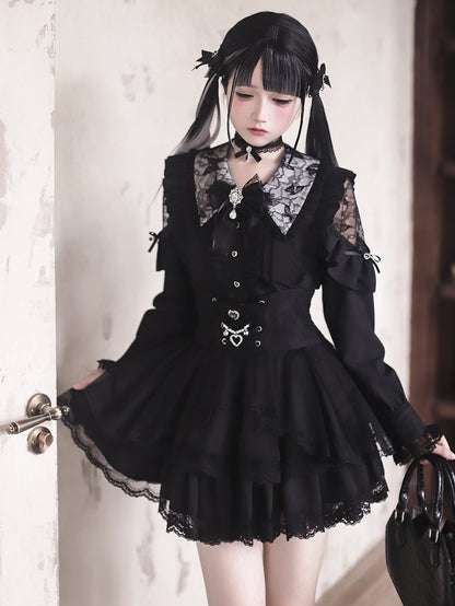 - Shoulders Blouse Kei Jirai Collar Black Lace-Cutout Pointed Gothic Style with