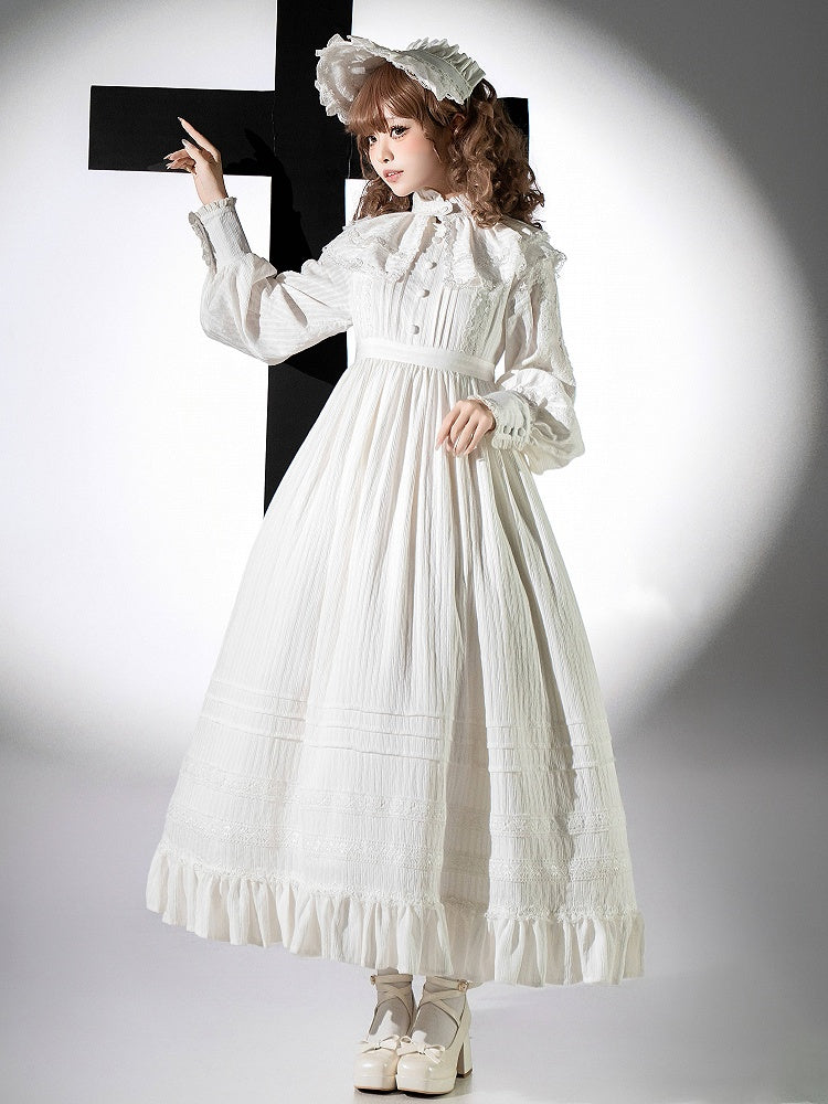 + High Long Dress Gothic Shiro Waist Lolita Collar Sleeves White