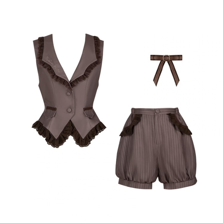 Brown Ouji Lolita Lace Trim Waistcoat + Striped Bloomer Shorts