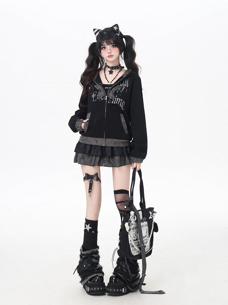 Y2K Black Distressed Holes Zip-up Hooded Jacket