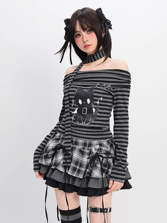 Gray Striped Top Neckline Black and Scarf with Bittersweet Kitten Print Off-the-shoulder