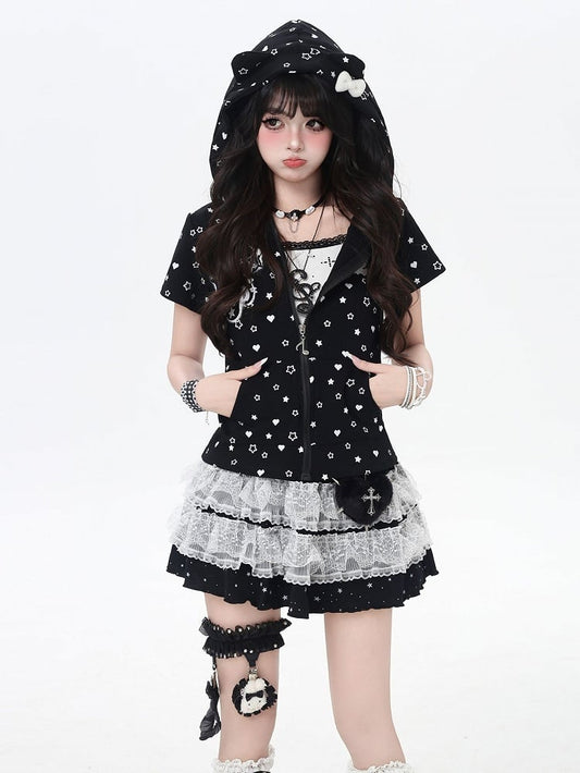 White/Black Y2K Star and Heart Print Zip-up Off Kitty Ears Hood Allover Jacket