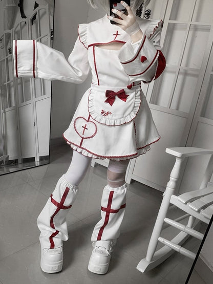 Maid Set: Halloween-themed Embroidery Buttons Cross Heart White Red Dress with + Kawaii Shorts Yami