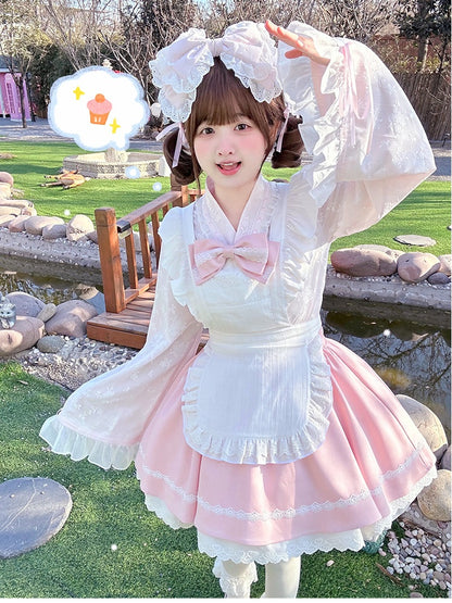 Pink & White Sakura Jirai Kei Full Set-Bell Sleeves Top+Puff Skirt+Apron Cherry Blossom Festival Wa Style Outfit