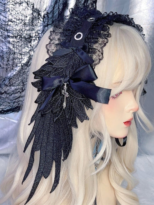 Black/White Cross Wing Lace Trim Gothic Lolita Hairband