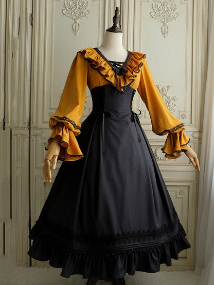 Pumpkin Orange Lace-up Structured Ruffles V-neck Long Sleeves Blouse