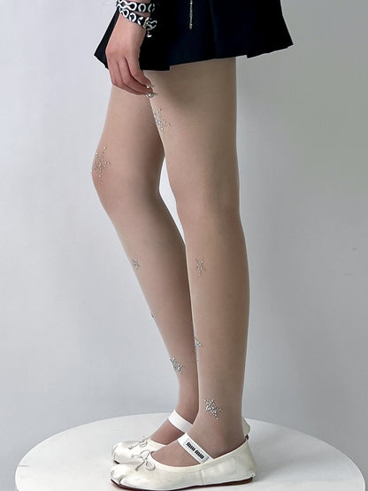 Weiße Strumpfhose im Y2K-Stil mit Strass-Stern-Dekor