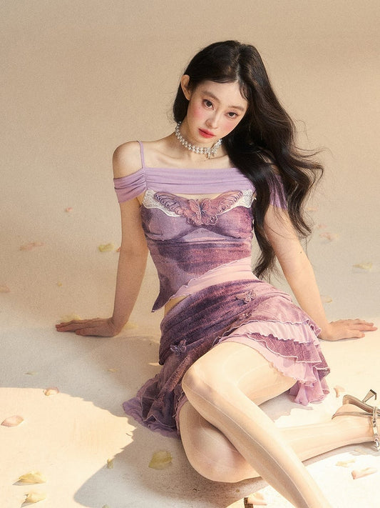 Neckline Butterfly Embroidery Top/Butterfly Accents Applique Glamorous Tiered Skirt Lavender Off-the-shoulder