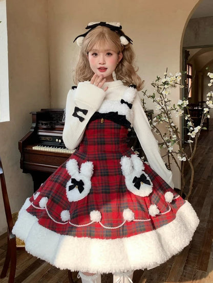 Red Plaid Pattern Winter Bunny Theme Christmas Lolita Dress Plush Neckline and Hemline