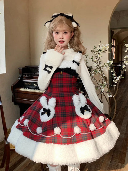 Lolita Neckline Hemline Bunny Clearance-Size Bust Plaid Theme Red Plush and Pattern Dress Christmas Winter for L 92-102CM