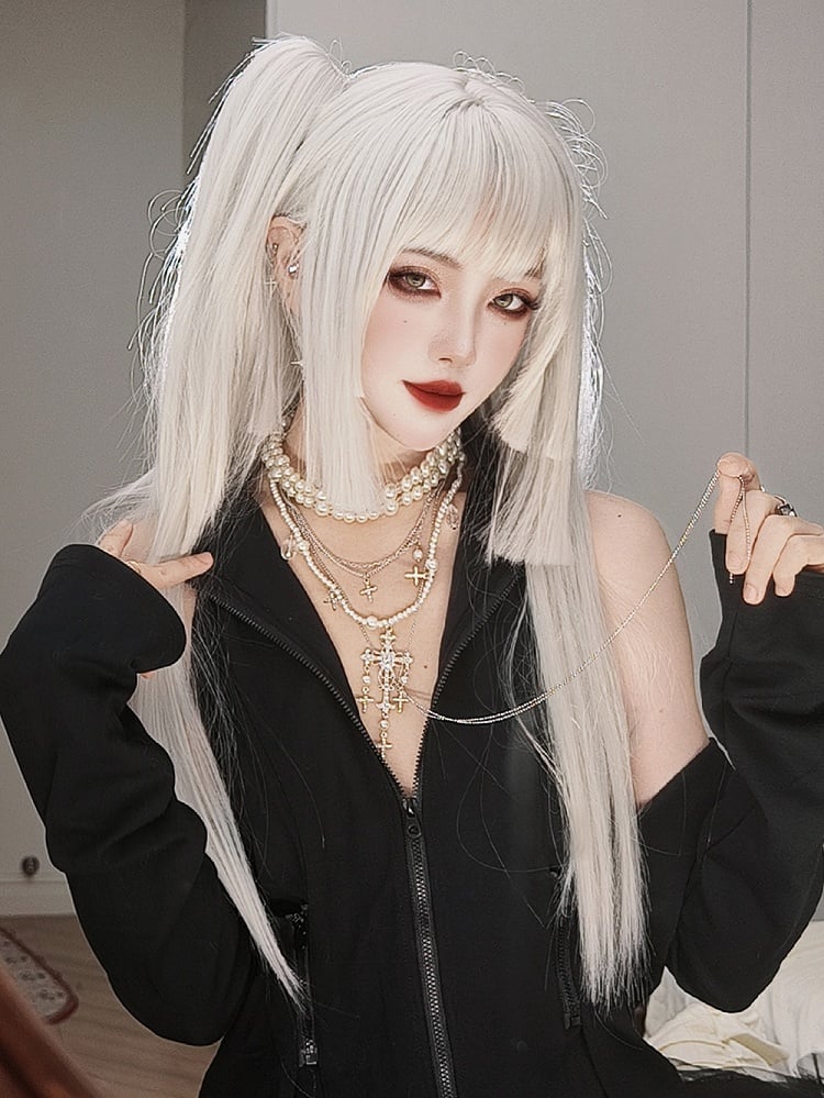 White Hime Cut Long Straight Synthetic Wig