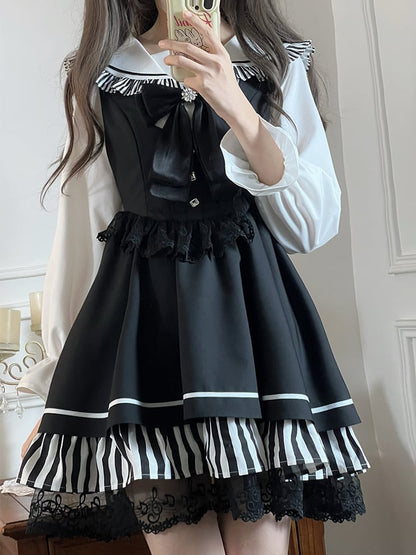 Black Jirai Kei Sailor Collor Blouse High Waist Lace Trim Overall Dress Set