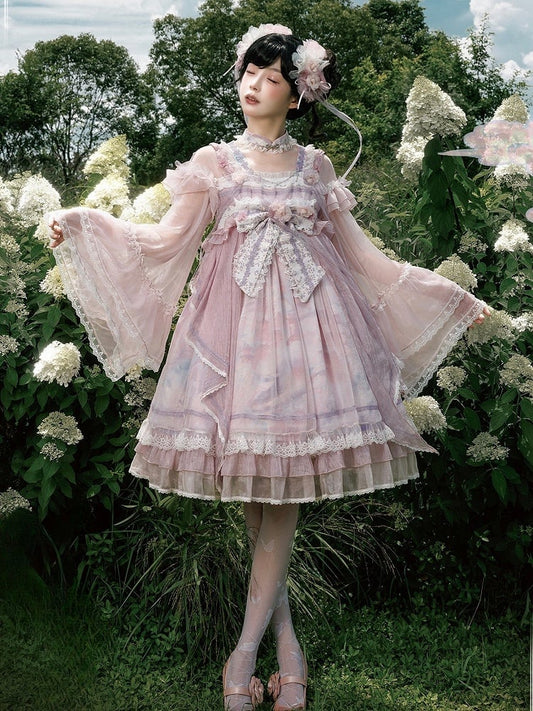 Han Bow Lolita Piece Long Pink-Purple Semi-sheer Print Sleeves Big Dress Whale Wide One
