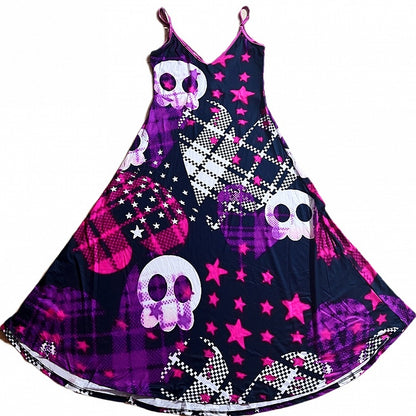 Kuro Kawaii Black Skeleton and Star Print Cami Dress Plaid Heart Pattern
