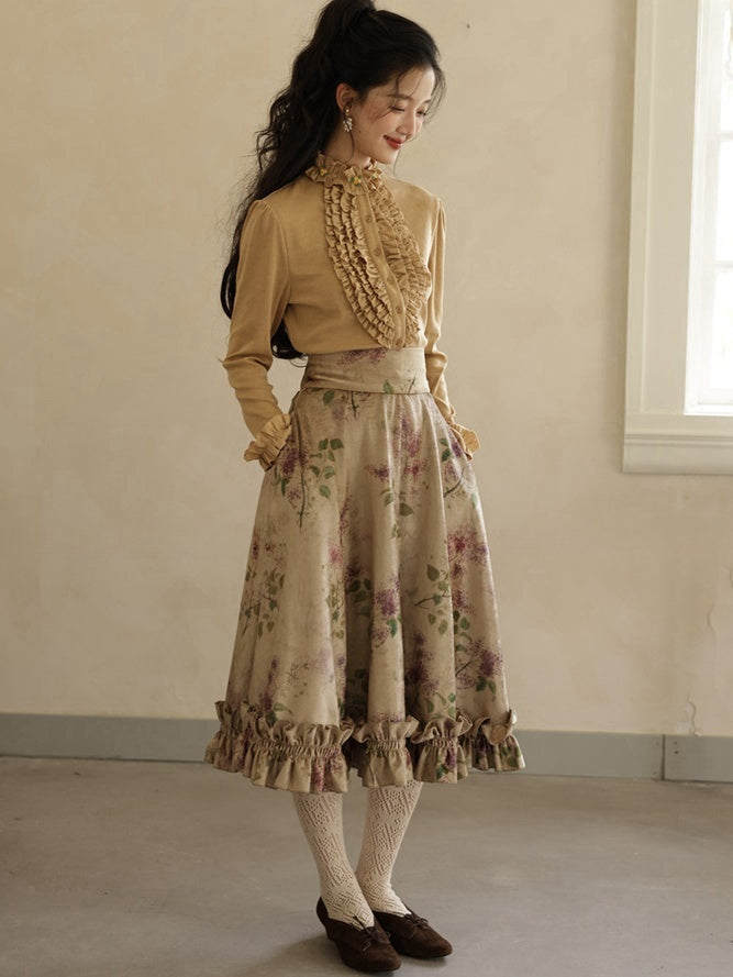 Jupe taille haute à volants et imprimé floral violet vintage