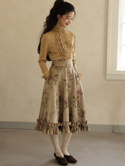 Jupe taille haute à volants et imprimé floral violet vintage