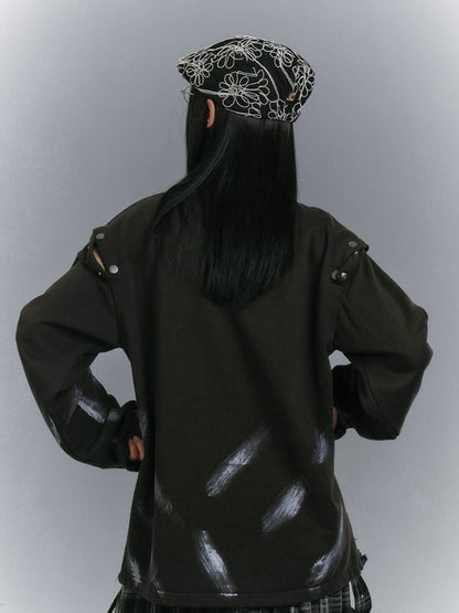Distressed Sweatshirt Design Black Cutout Shoulder Faded Wash Applique