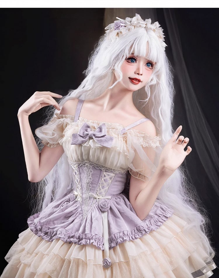Train Beige and Purple Big Corset Sweet Lolita Balletcore Dress Waist Lace-up with Bow JSK