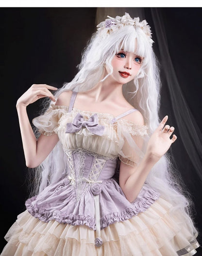 Train Beige and Purple Big Corset Sweet Lolita Balletcore Dress Waist Lace-up with Bow JSK